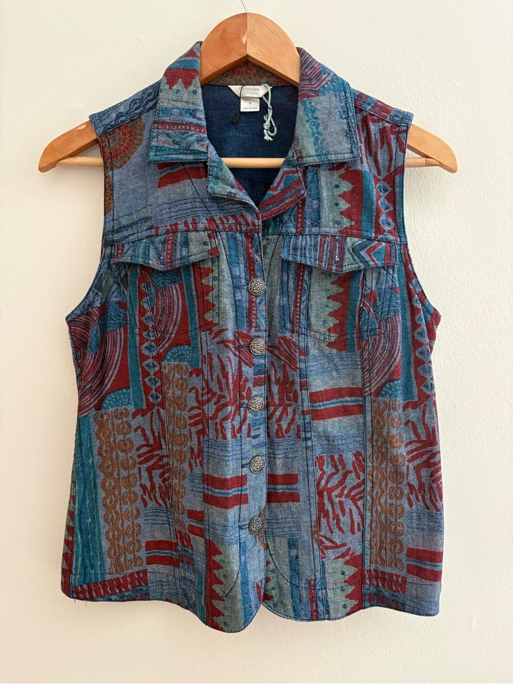 Christopher & Banks Sleeveless Button-Front Top in Blue & Burgundy Pattern